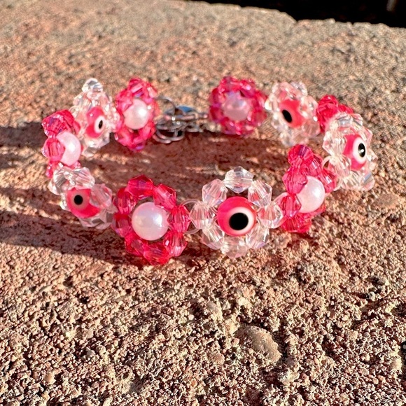 Pink and White Floral Beaded Evil Eye Bracelet with Silver Colored Accents - Picture 1 of 5